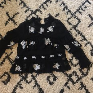 Zara Black Ruffle Top with Embroidered Flowers